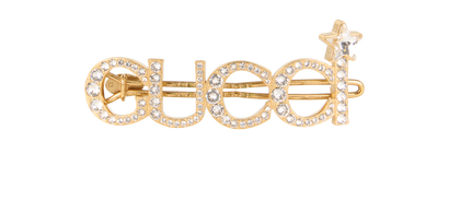 Gucci Embellished Logo Hair Clip, &pound;250, Accessories, Gold, Brass/Crystal, Front view